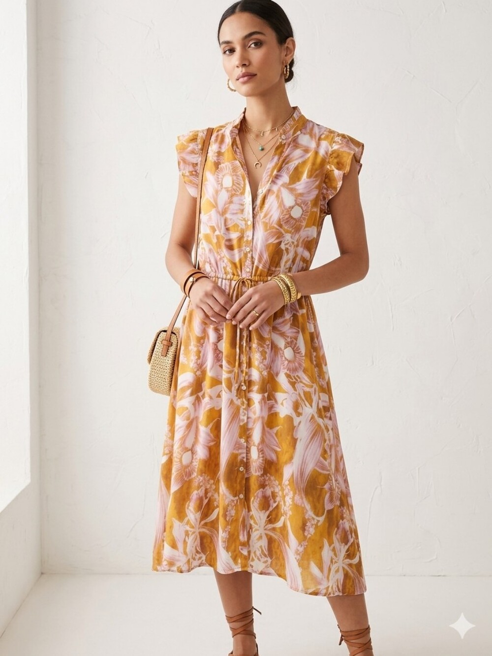 Women's Floral Tie-Waist Midi Dress in Mustard and Light Pink